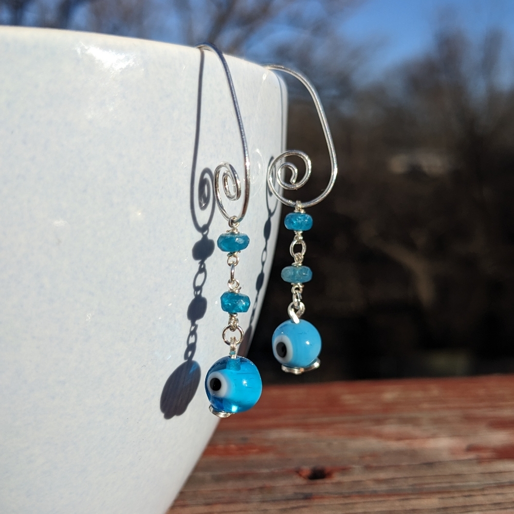 Lucky Eye Silver Blue Appetite Dangle Earrings Handmade